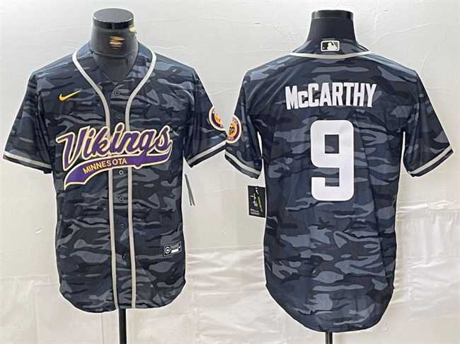 Men%27s Minnesota Vikings #9 J.J. McCarthy Gray Camo Cool Base Stitched Baseball Jersey->los angeles rams->NFL Jersey